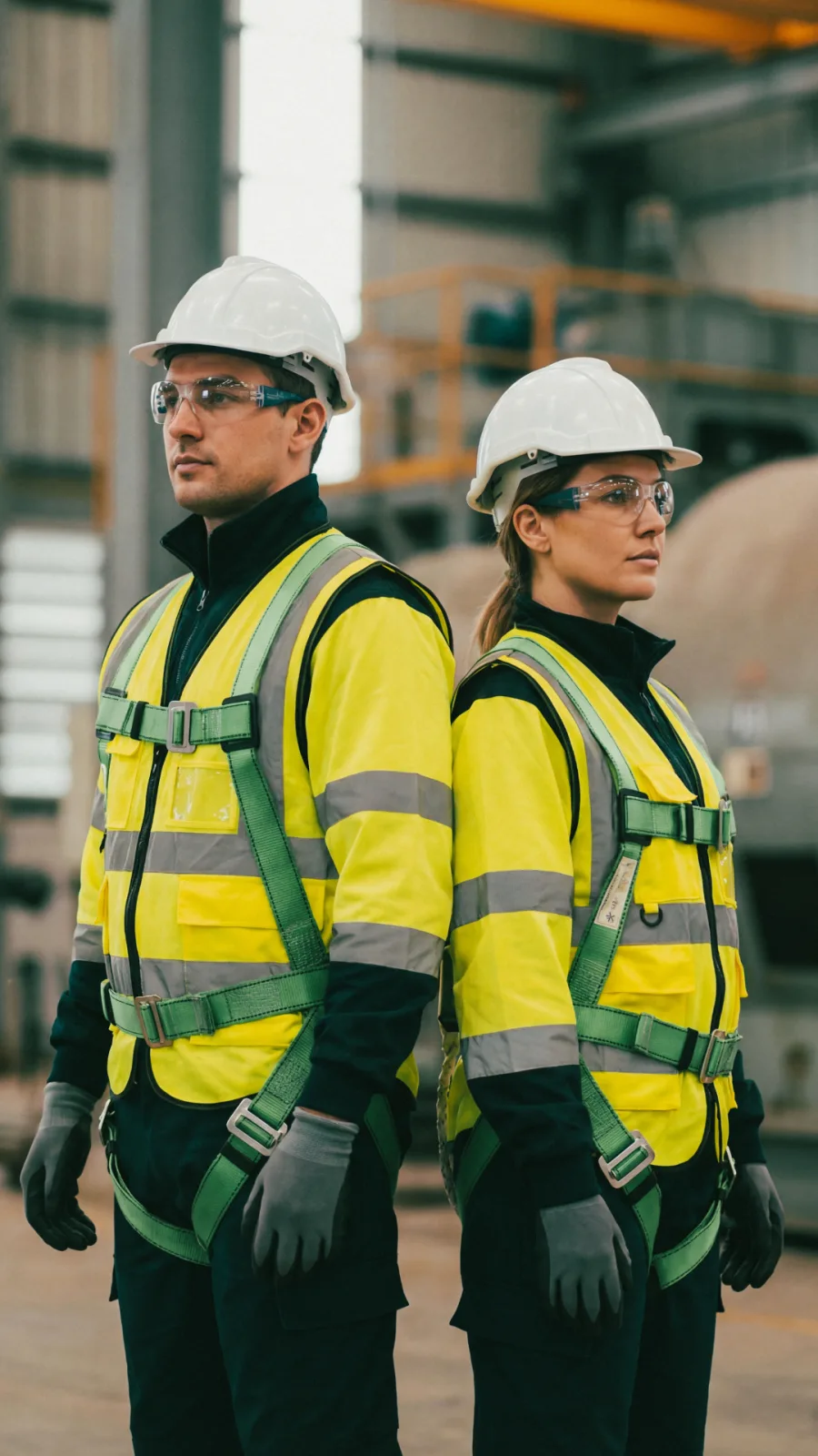 Dois profissionais lado a lado com colete de alta visibilidade amarelo e faixas retrorrefletivas, capacete e óculos de proteção em ambiente industrial