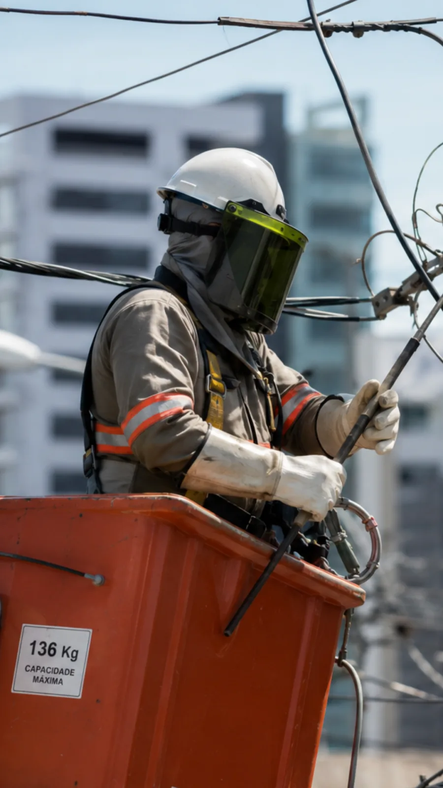 Eletricista em cesto aéreo executando serviço em rede energizada, com vestimenta para arco elétrico, capuz com visor e luvas isolantes