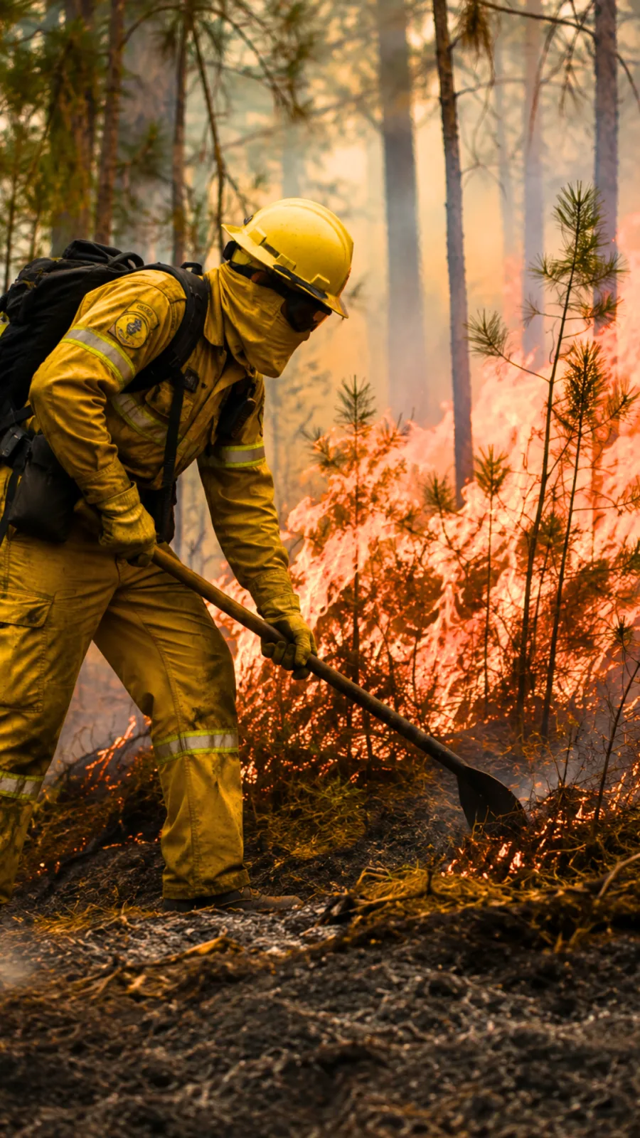 Brigadista florestal com vestimenta amarela retardante de chama, capacete e mochila, combatendo incêndio em mata com ferramenta manual
