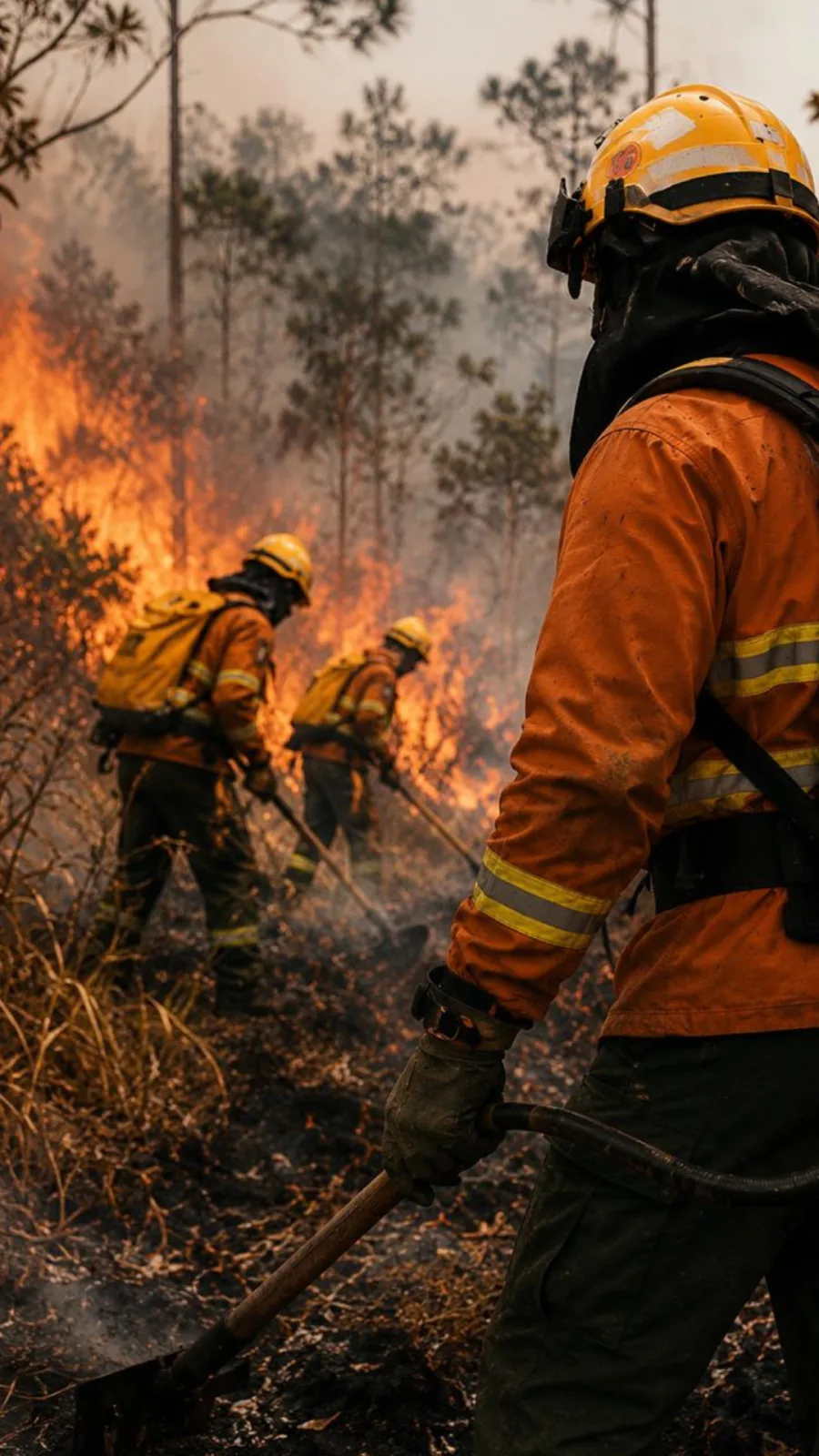 Equipe de brigadistas na linha de combate a incêndio florestal, com uniformes retardantes de chama e faixas retrorrefletivas entre fumaça e labaredas