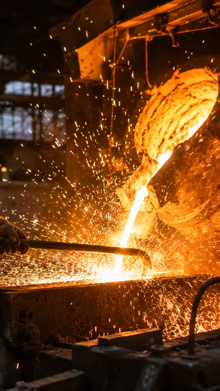 Vazamento de metal fundido da panela para o molde, com forte projeção de respingos incandescentes