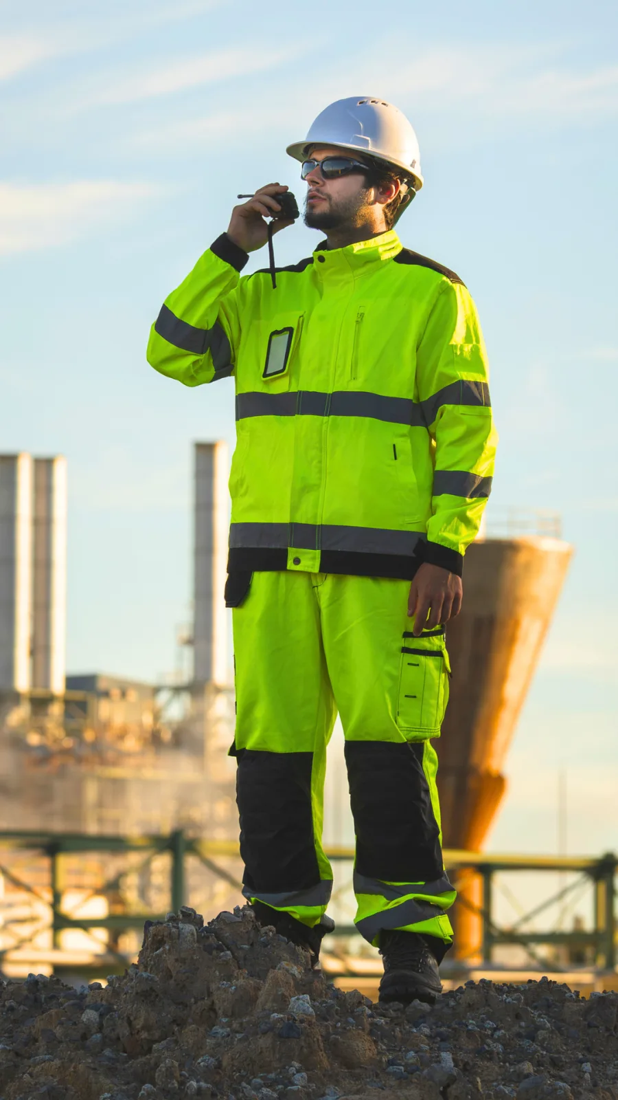 Profissional em área industrial externa com conjunto de uniforme de alta visibilidade e faixas retrorrefletivas, capacete e rádio comunicador